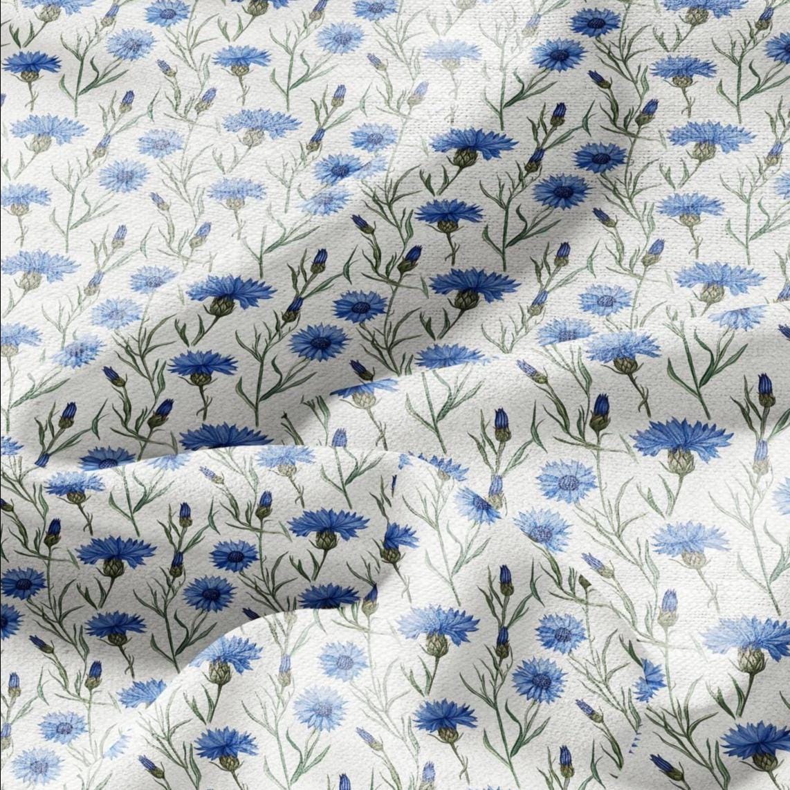 100% LINEN Fabric Block print Cornflower flower - floral upholstery home textile artisan fabrics blue green white 3039