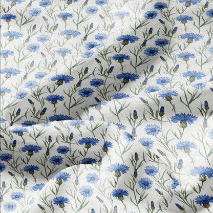 100% LINEN Fabric Block print Cornflower flower - floral upholstery home textile artisan fabrics blue green white 3039