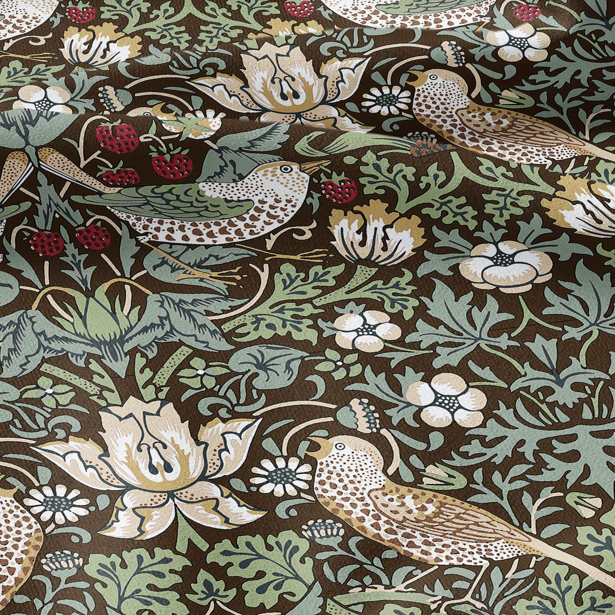 100% LINEN fabric - William Morris Strawberry thief brown green - British Victorian Art Craft flax - sewing home decor or clothing 3867