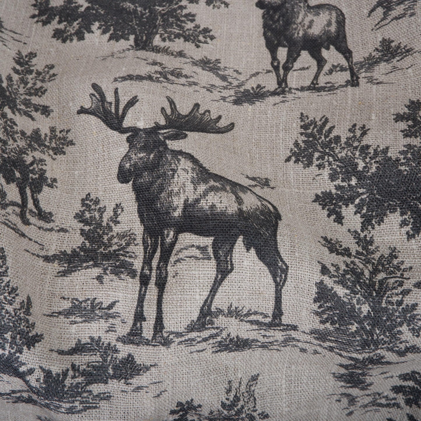 100% LINEN Fabric Toile de Jouy with Moose in forest - botanical fabric black print - linen floral fabric upholstery curtains dress making