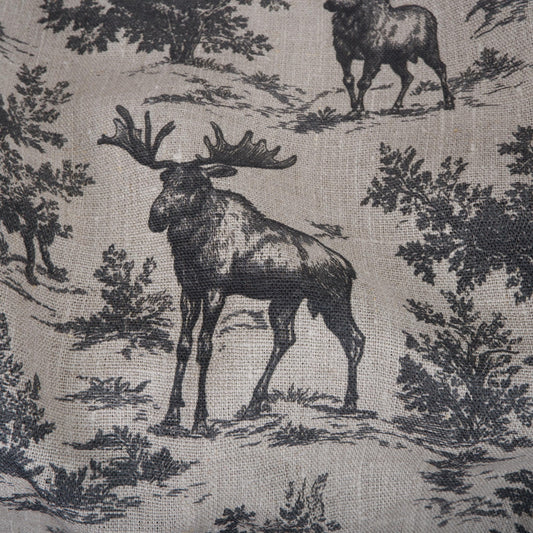 100% LINEN Fabric Toile de Jouy with Moose in forest - botanical fabric black print - linen floral fabric upholstery curtains dress making