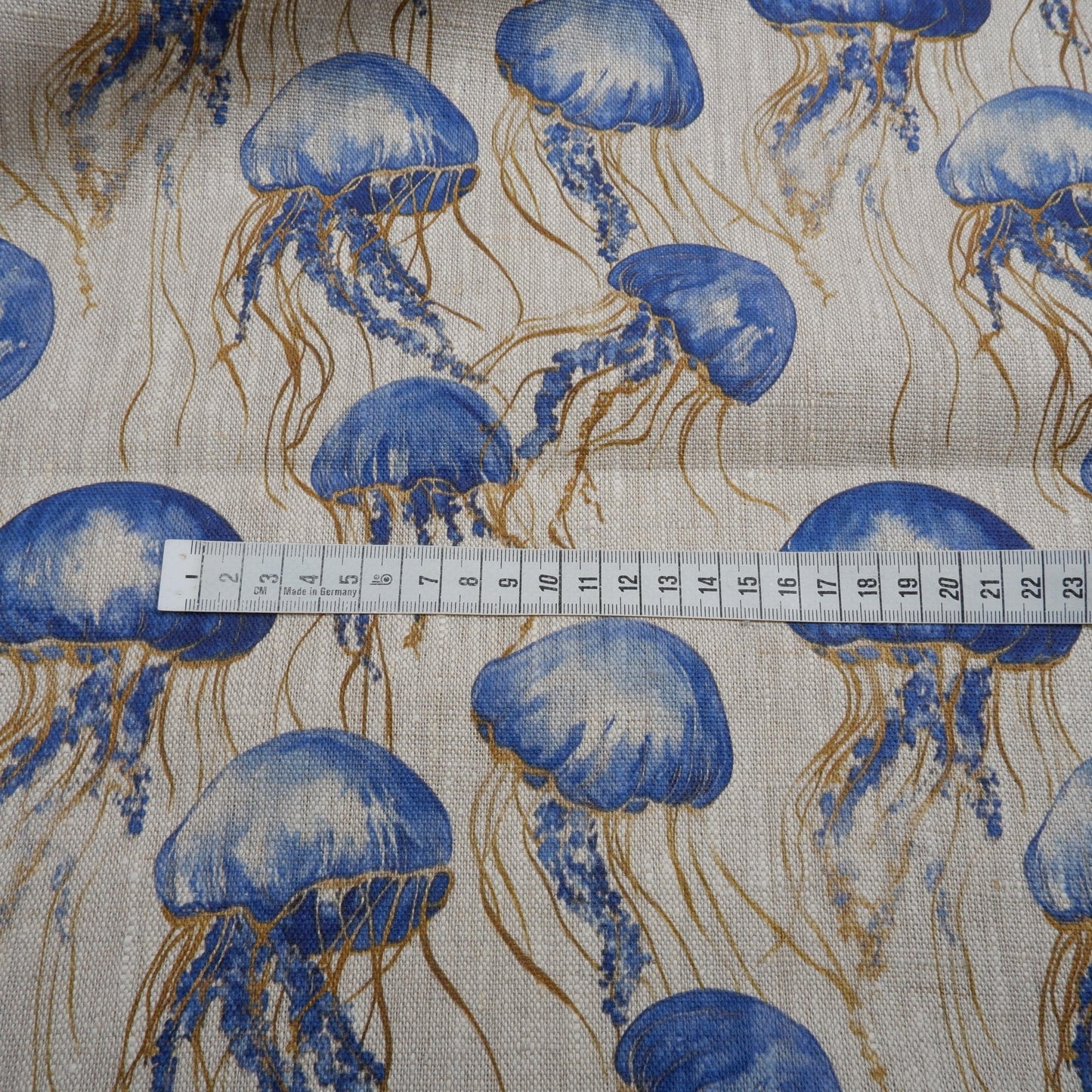 100% LINEN Fabric Jellyfish print, oatmeal linen fabric with blue grey coastal print for upholstery home decor Nautical Marine