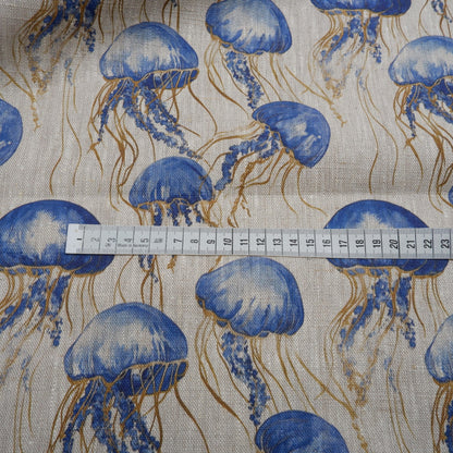 100% LINEN Fabric Jellyfish print, oatmeal linen fabric with blue grey coastal print for upholstery home decor Nautical Marine
