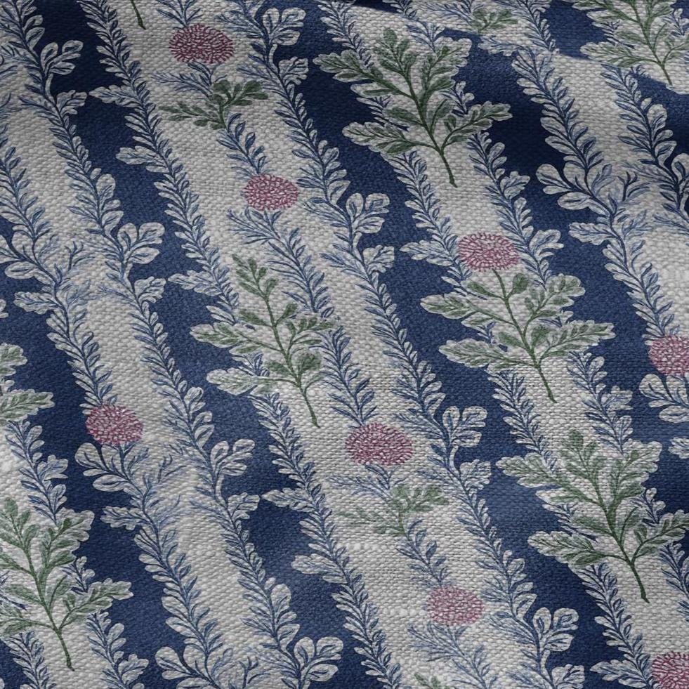 100% LINEN Fabric blue floral blossom print - oatmeal linen fabric with stripe botanical print - modern vintage 3092