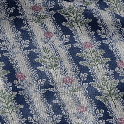 100% LINEN Fabric blue floral blossom print - oatmeal linen fabric with stripe botanical print - modern vintage 3092