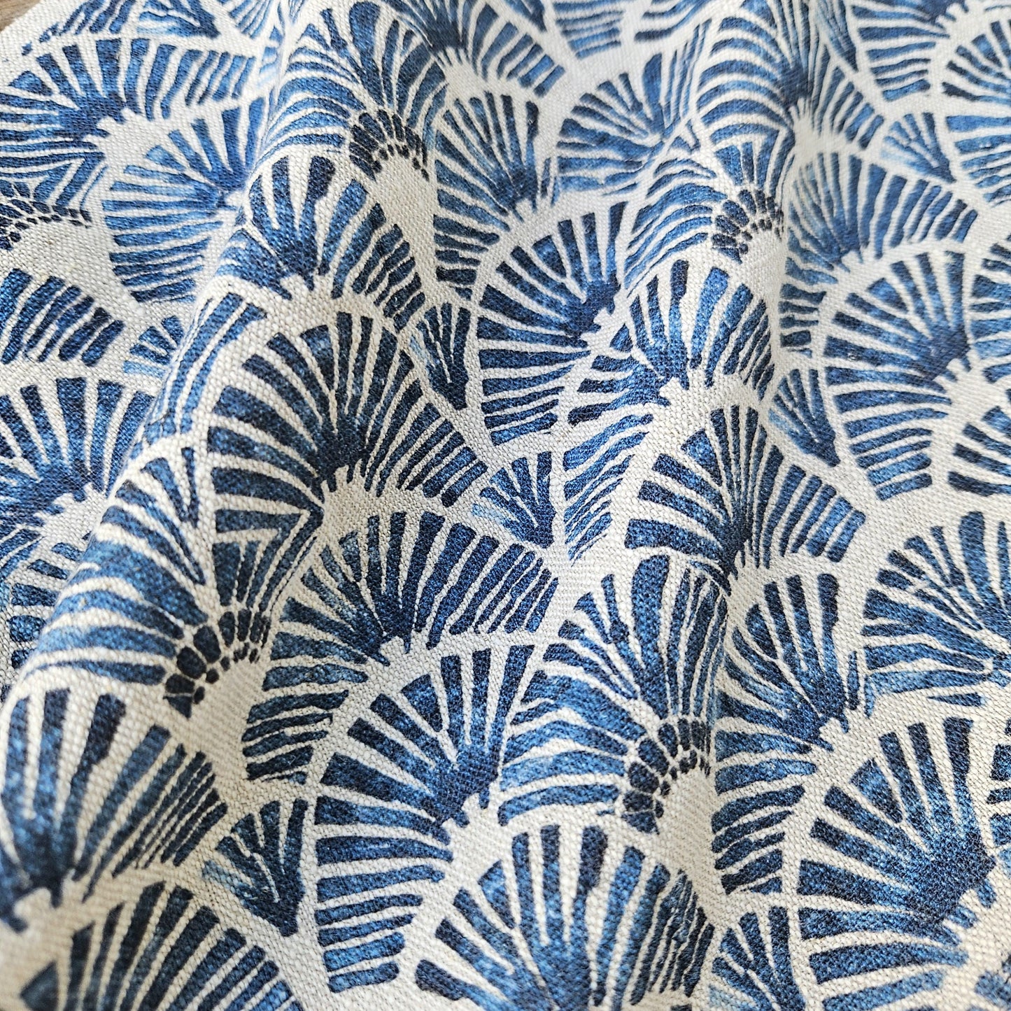 100% LINEN Fabric block print indigo blue white Japandi - Japanese fabric abstract fan print linen upholstery dressmaking sewing 2611
