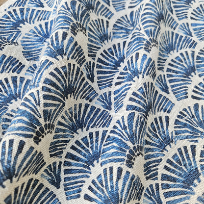 100% LINEN Fabric block print indigo blue white Japandi - Japanese fabric abstract fan print linen upholstery dressmaking sewing 2611