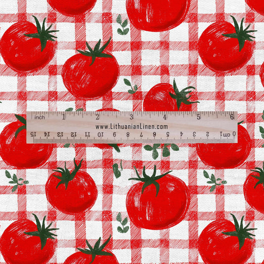 100% LINEN Fabric Tomato white red green floral print - modern vintage vegetable fabric for upholstery or home decor 2944