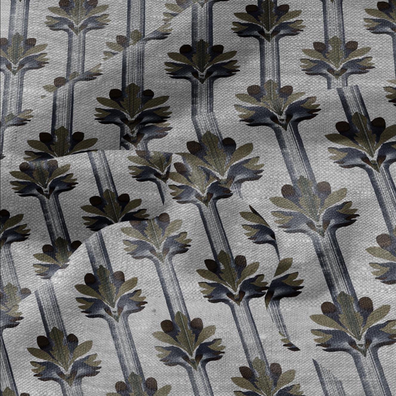 100% LINEN Fabric Art deco floral stripe print - botanical blue gray floral on oatmeal linen - modern vintage 3034