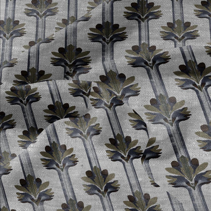 100% LINEN Fabric Art deco floral stripe print - botanical blue gray floral on oatmeal linen - modern vintage 3034