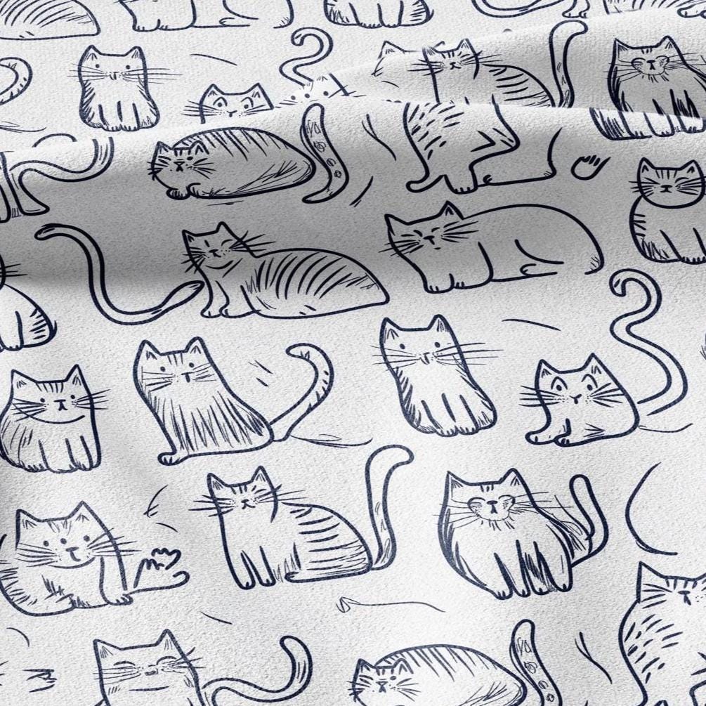 100% LINEN Fabric Cat print - Animal Modern vintage blue - upholstery curtains dress making 2140