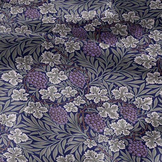 100% LINEN Fabric wine grapes purple from William Morris, Victorian fabric with blue floral print for upholstery home decor in Linen