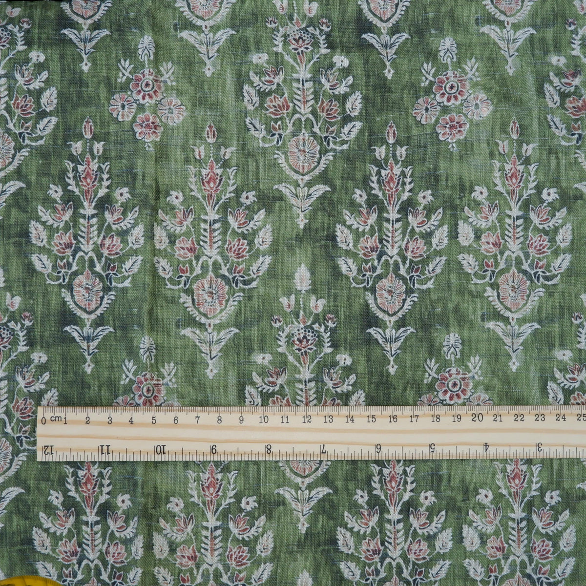 100% LINEN Fabric block print indian green 3658 - oatmeal linen fabric with green floral print decor