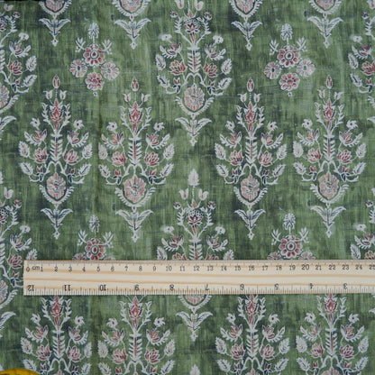 100% LINEN Fabric block print indian green 3658 - oatmeal linen fabric with green floral print decor