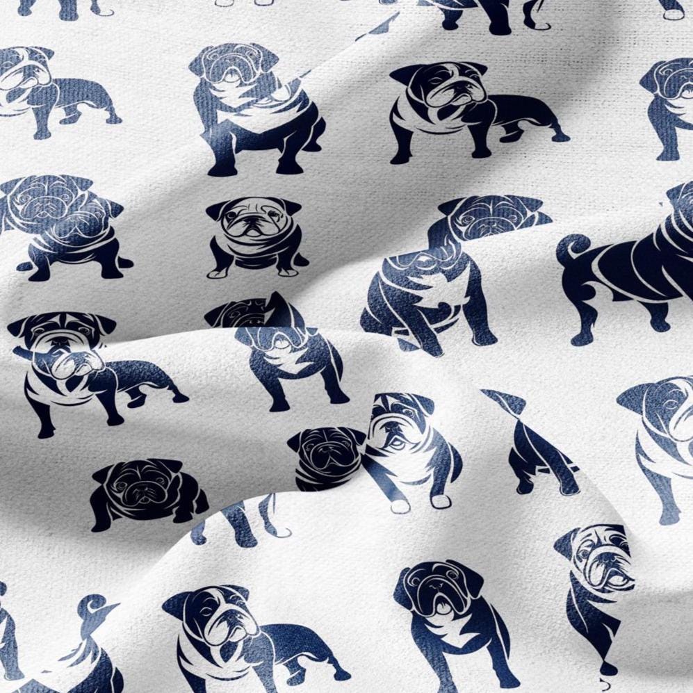 100% LINEN Fabric Block print Bulldog - animal dog upholstery home textile artisan fabrics navy blue white 2366