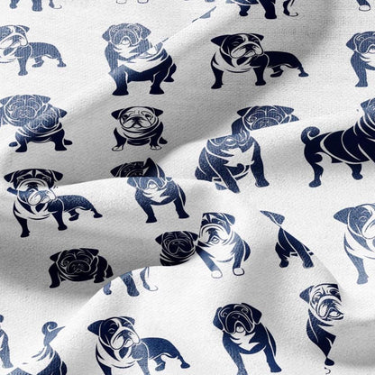 100% LINEN Fabric Block print Bulldog - animal dog upholstery home textile artisan fabrics navy blue white 2366