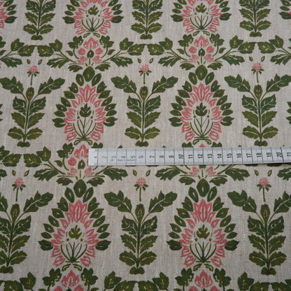 100% LINEN Fabric block print floral pink green on grey, oatmeal natur linen fabric with botanical print for upholstery home decor