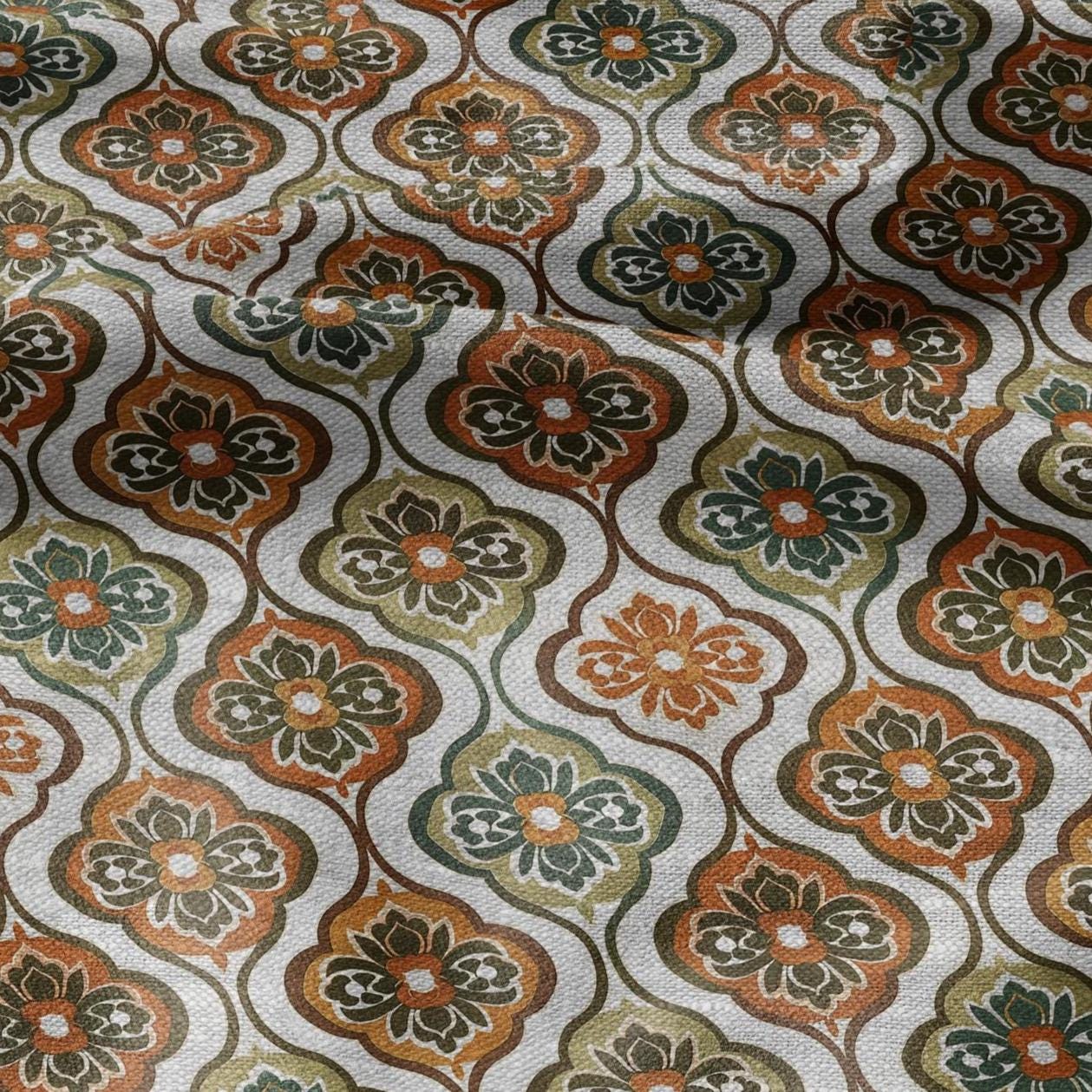 100% LINEN Fabric Retro orange green gray - floral print on oatmeal linen for home decor sewign dress clothing 2868