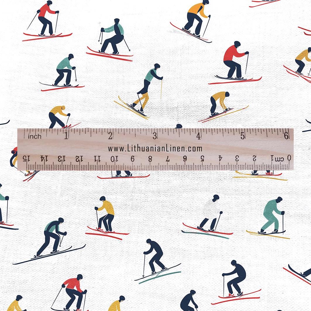 100% linen Skiers Print fabric for Curtain Upholstery Cushion - retro - for dress making sewing 2213