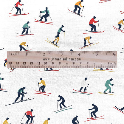 100% linen Skiers Print fabric for Curtain Upholstery Cushion - retro - for dress making sewing 2213