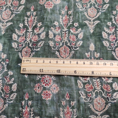 100% LINEN Fabric block print indian 3657-  oatmeal linen fabric with green floral print decor