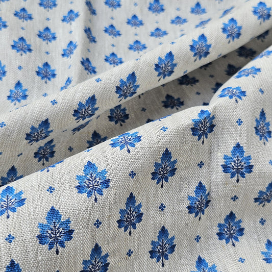 100% LINEN Fabric Blue flower - Modern vintage floral print on oatmeal linen for home decor sewing dress clothing 2638