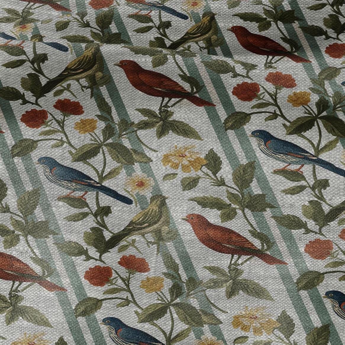 100% LINEN Fabric print Birds print - floral botanical Mid-century  print - heavy for home decor clothing 2745