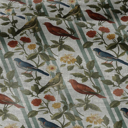 100% LINEN Fabric print Birds print - floral botanical Mid-century  print - heavy for home decor clothing 2745
