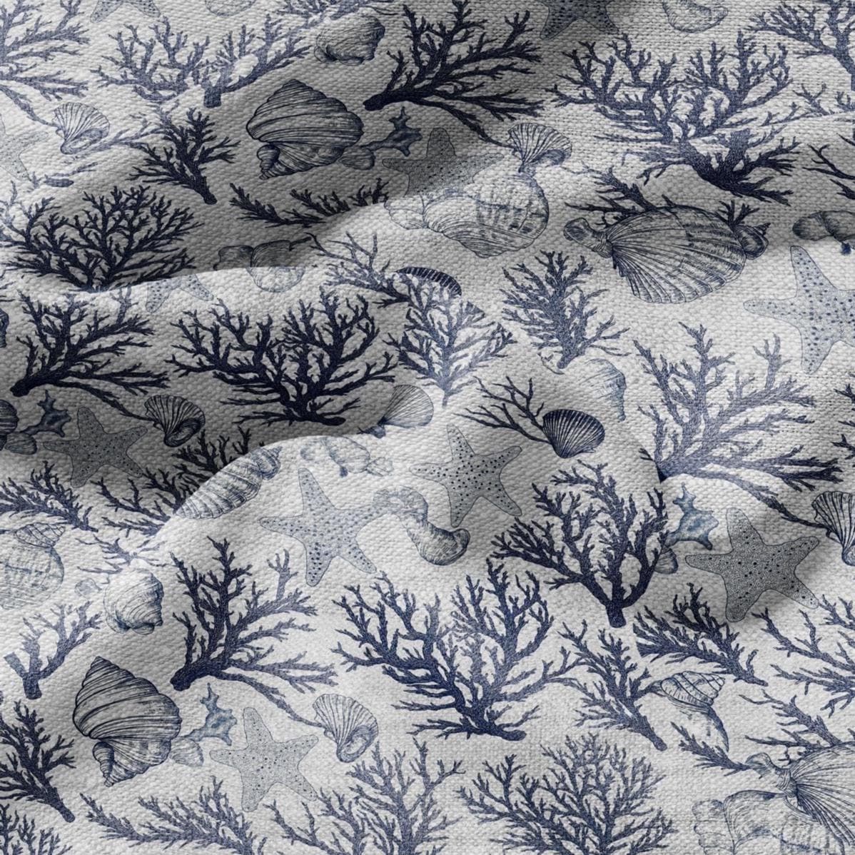 100% LINEN Fabric Shell & Corals print - nautical indigo blue print on oatmeal linen for home decor sewing dress clothing 2364