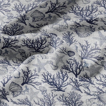 100% LINEN Fabric Shell & Corals print - nautical indigo blue print on oatmeal linen for home decor sewing dress clothing 2364