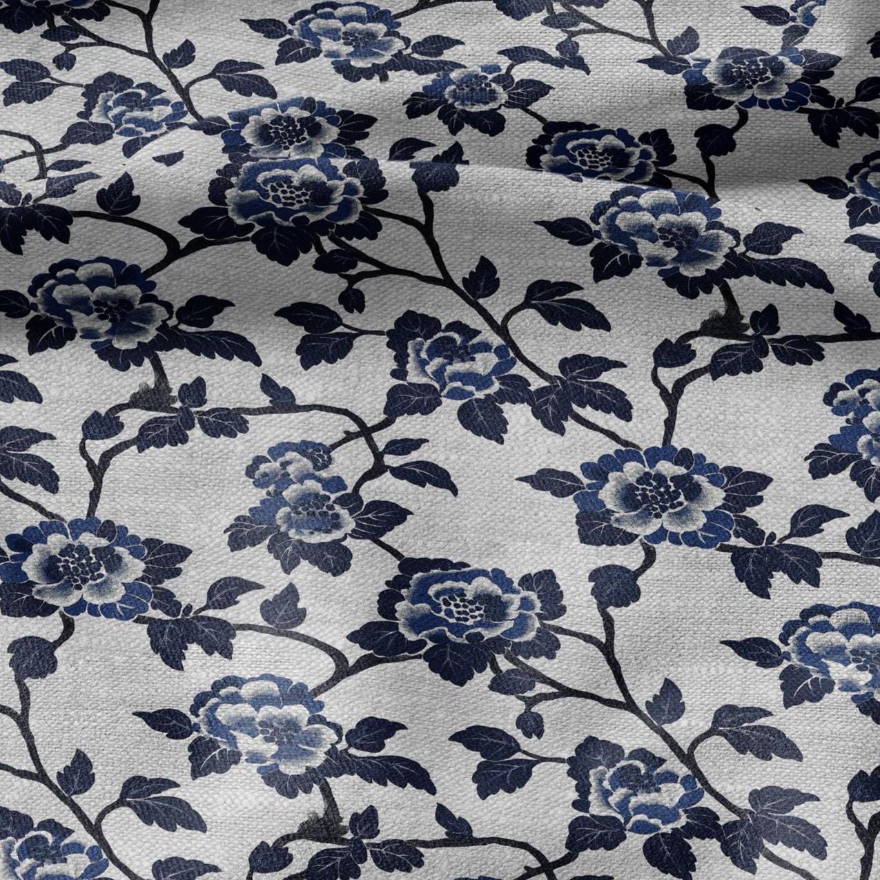 100% LINEN Fabric Block print blue roses - oatmeal linen fabric with japanese print - heavy for home decor clothing 2381