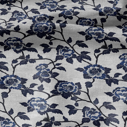 100% LINEN Fabric Block print blue roses - oatmeal linen fabric with japanese print - heavy for home decor clothing 2381