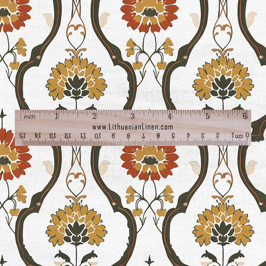 100% LINEN Fabric Vintage print - orange green white Retro block print - upholstery home decor clothing sewing 2871