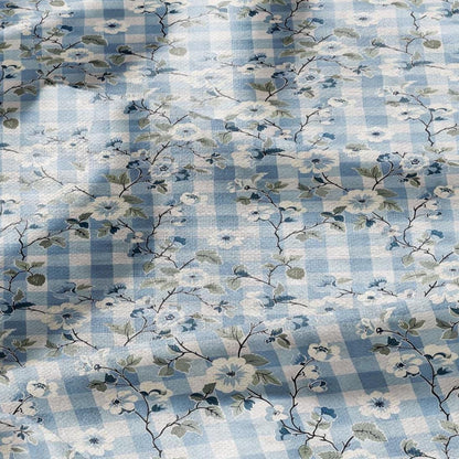 100% LINEN Fabric pink Gingham blue floral print - botanical upholstery home textile artisan fabrics blue white 2744
