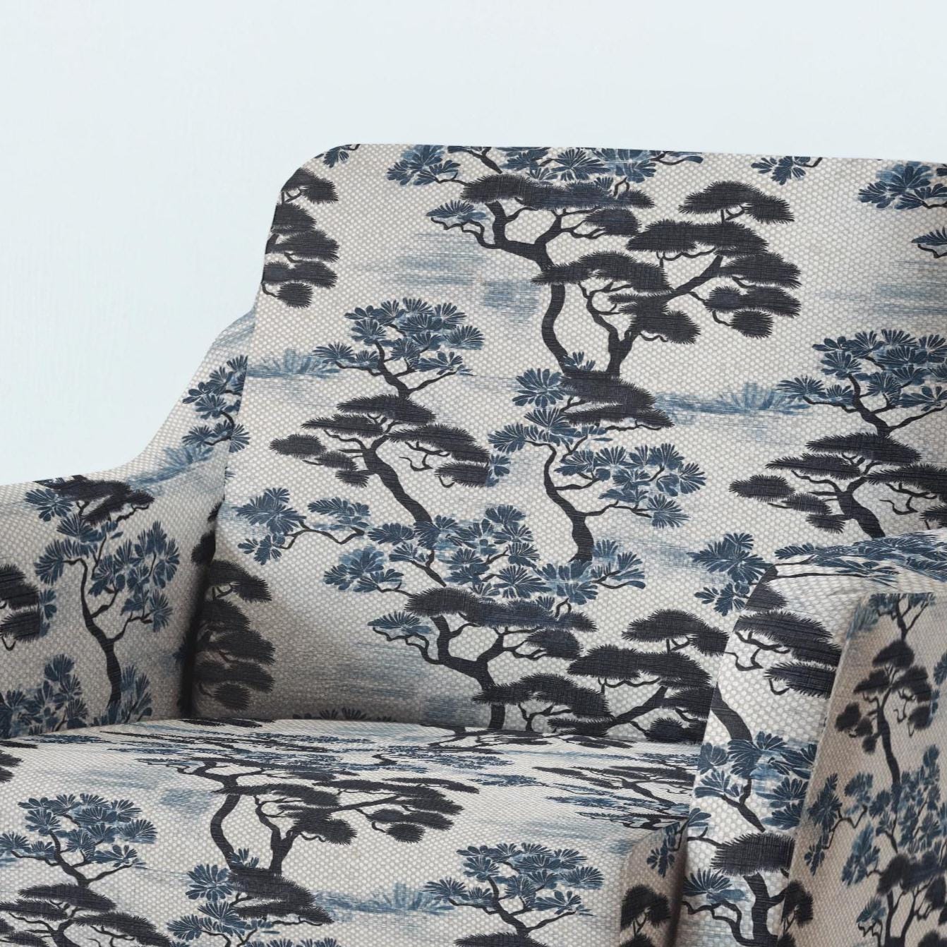 100% LINEN Fabric UPHOLSTERY 12oz - Japanese indigo blue Pine tree print on oatmeal linen - Modern vintage Japandi floral upholstery 2971