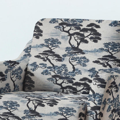 100% LINEN Fabric UPHOLSTERY 12oz - Japanese indigo blue Pine tree print on oatmeal linen - Modern vintage Japandi floral upholstery 2971