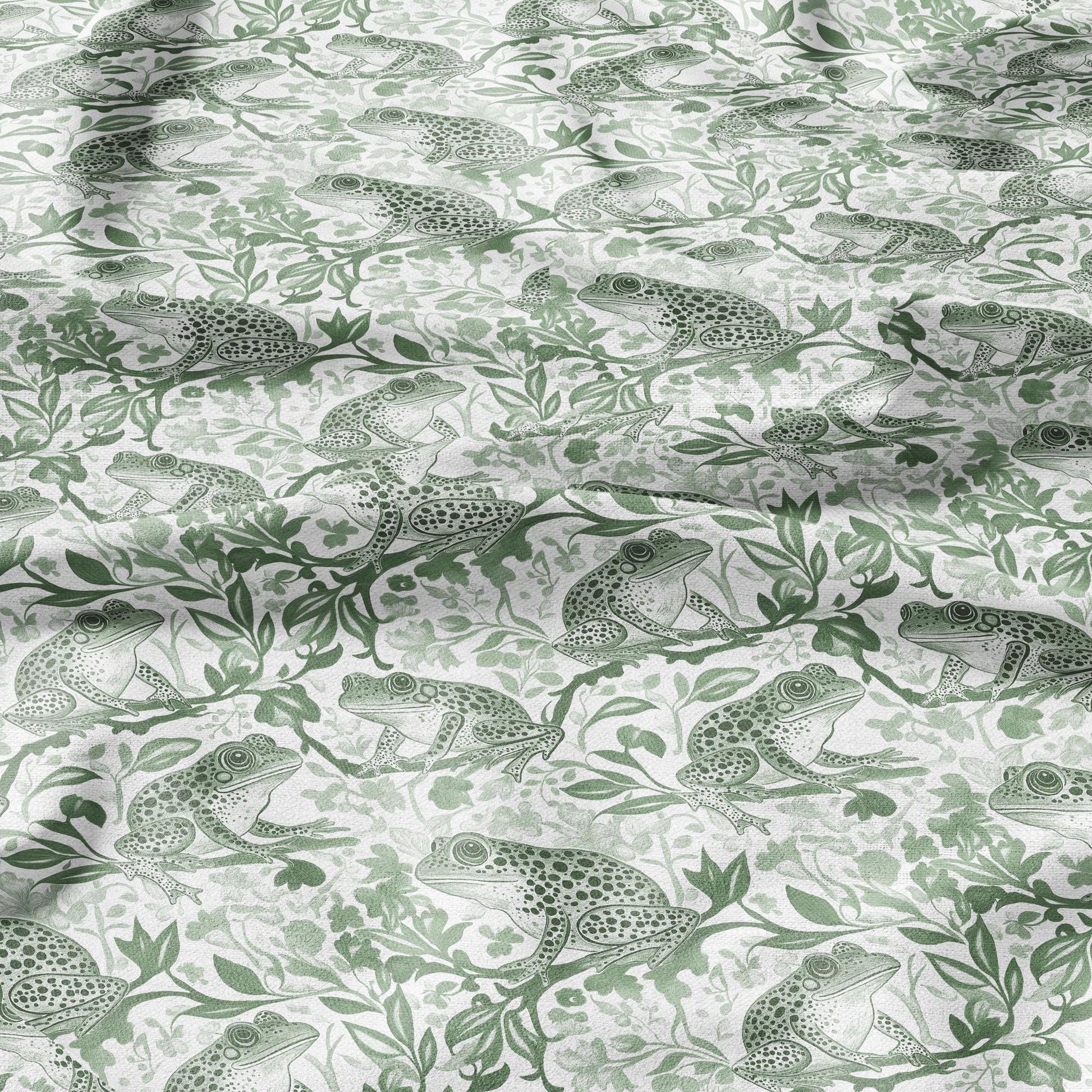 100% LINEN Fabric toile de jouy Frog Nautical print - green white linen fabric with blue coastal print for upholstery home decor