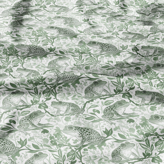 100% LINEN Fabric toile de jouy Frog Nautical print - green white linen fabric with blue coastal print for upholstery home decor