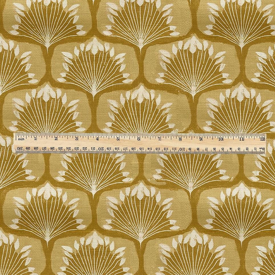 100% linen fabric retro mustard print - Mid-century botanical / 1970s Scandinavian-inspired floral 33799