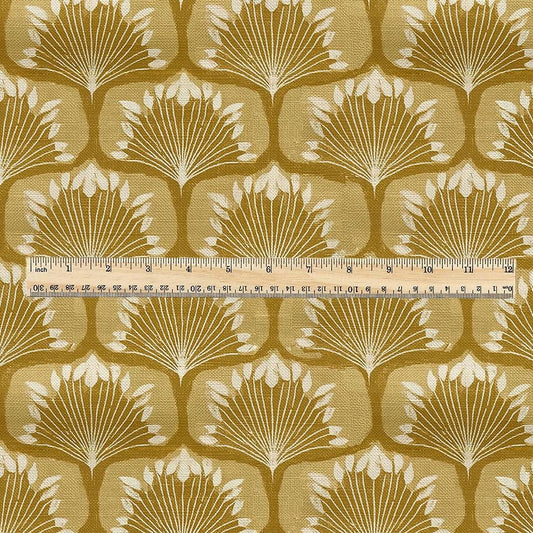 100% linen fabric retro mustard print - Mid-century botanical / 1970s Scandinavian-inspired floral 33799