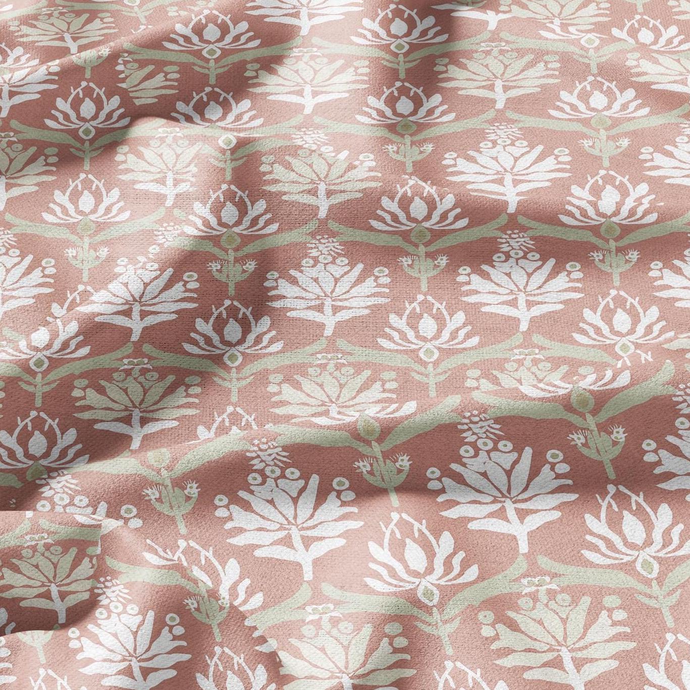 100% LINEN Fabric block print in preppy pink - floral print on white - heavy linen fabric for upholstery home decor 2592