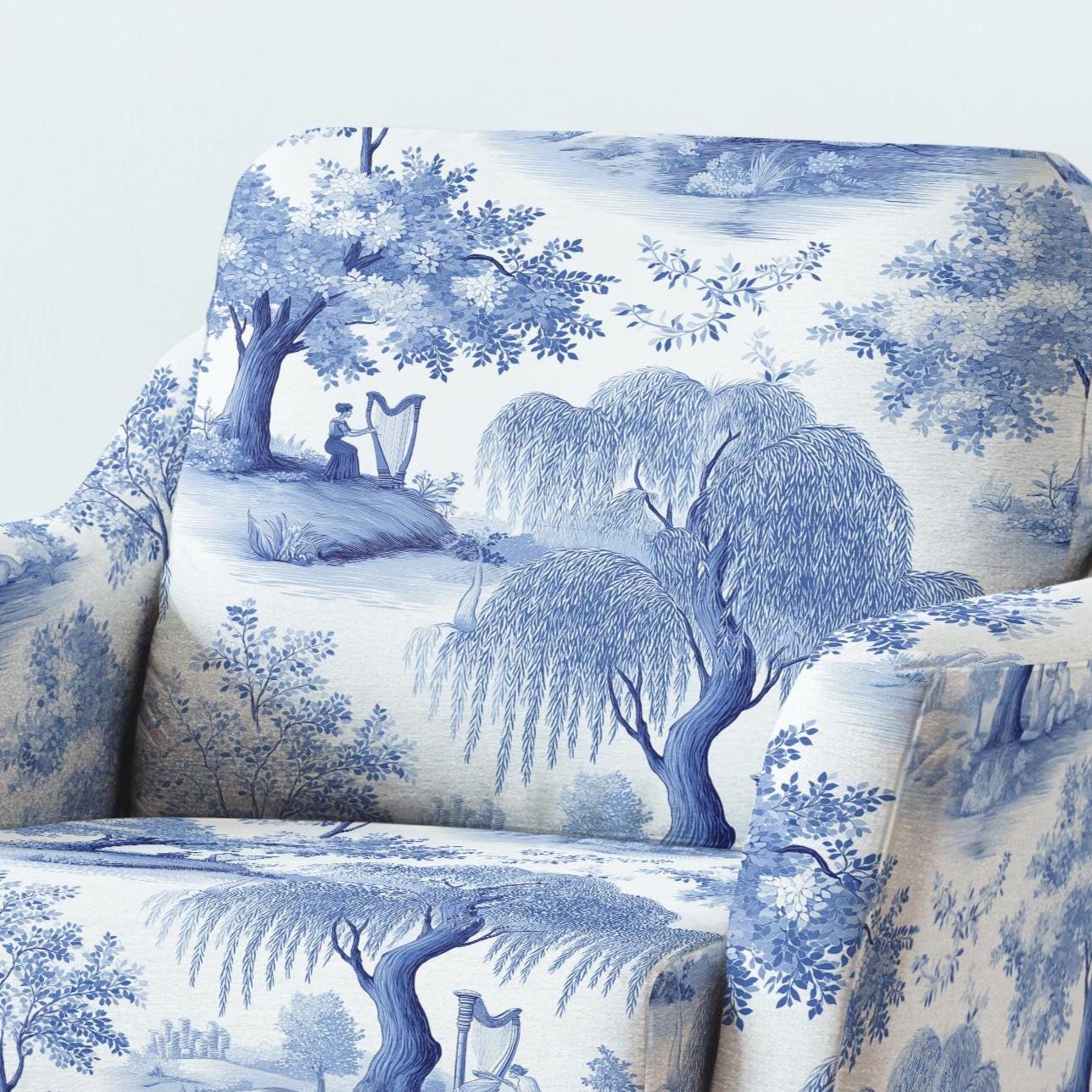 100% LINEN Fabric UPHOLSTERY 12oz - Willow blue Arfa music bluewhite print on linen - tree scenery floral upholstery 2280