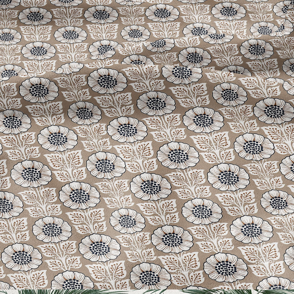 100% LINEN Fabric Beige flower block print - botanical textile artisan fabrics brown white 3808