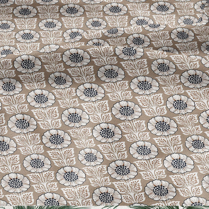 100% LINEN Fabric Beige flower block print - botanical textile artisan fabrics brown white 3808