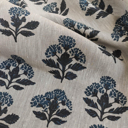 100% LINEN Fabric hand block print flowers - oatmeal linen fabric with blue green print Achillea - fabric for home decor upholstery