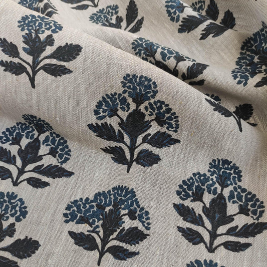 100% LINEN Fabric hand block print flowers - oatmeal linen fabric with blue green print Achillea - fabric for home decor upholstery