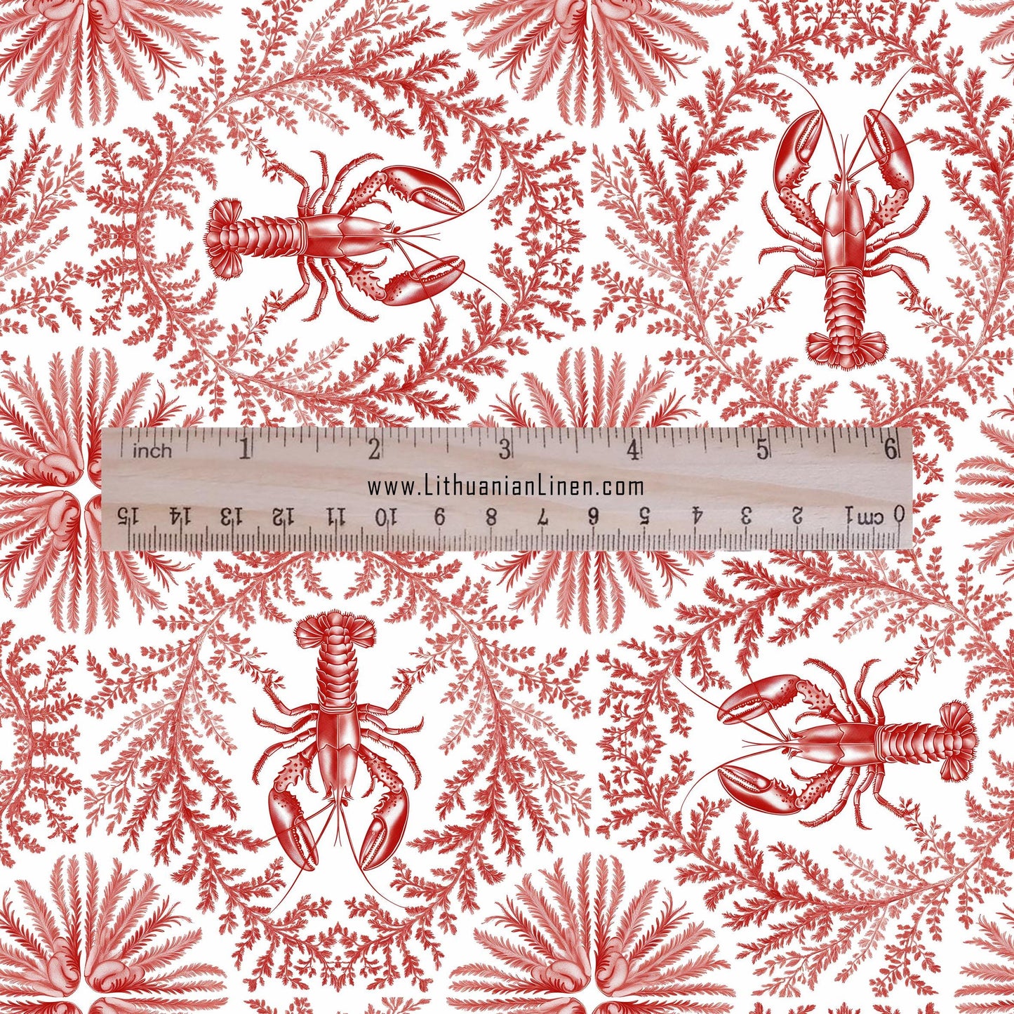 100% LINEN Fabric Red lobster print on white linen - Food print pattern on flax fabric for uphlstery heavy / medium for clothing 2573