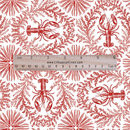 100% LINEN Fabric Red lobster print on white linen - Food print pattern on flax fabric for uphlstery heavy / medium for clothing 2573