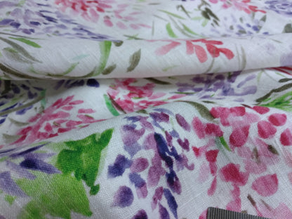 100% linen fabric Medium weight 150gsm  Prewashed . Print watercolor flower Lupin. for blouses, dresses, curtains, scarves,