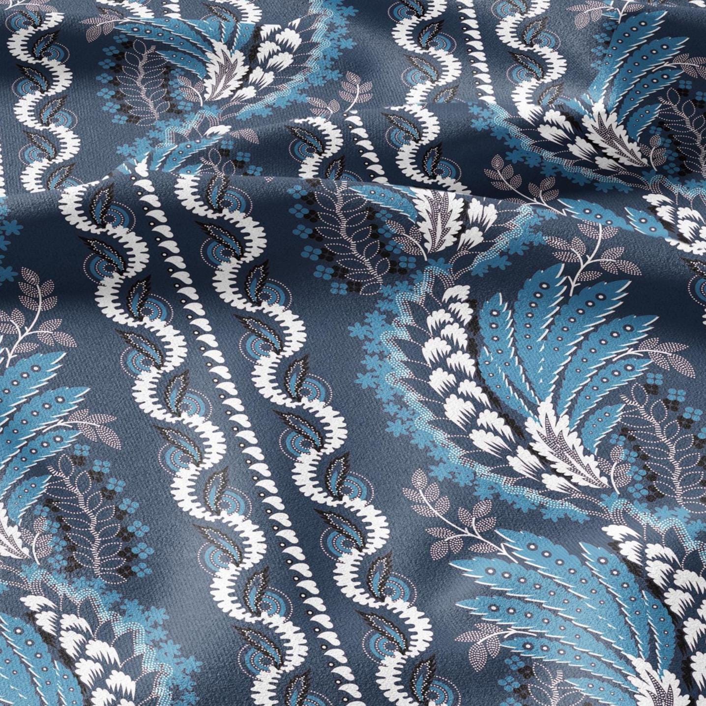 100% LINEN Fabric Vintage floral squirl stripe print - Modern botanical - Victorian Art Craft blue 2960
